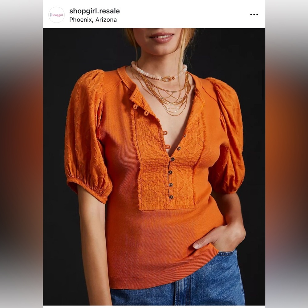 Anthropologie PILCRO Bella Henley Top Orange Puff Ribbed Large Madewell jcrew